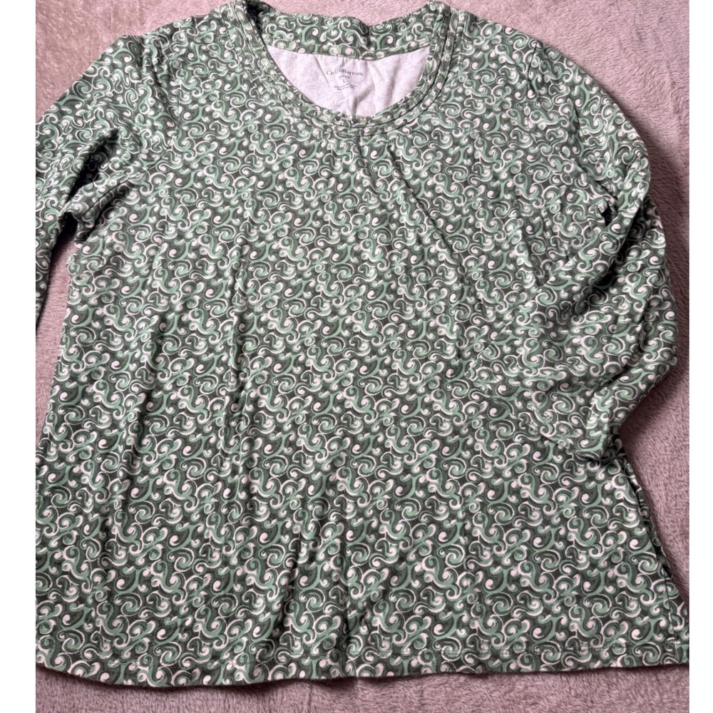 Croft & Barrow Green Swirl Studded Scoop Neck Long Sleeve Stretch Tee Large